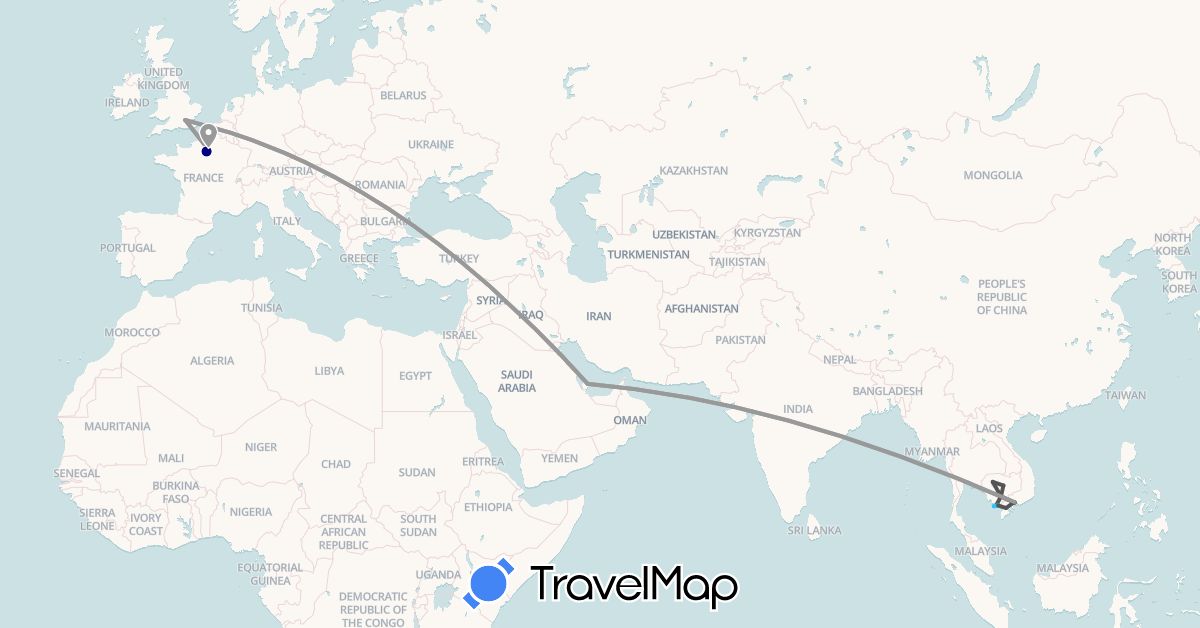 TravelMap itinerary: driving, plane, boat, motorbike in France, United Kingdom, Cambodia, Qatar, Vietnam (Asia, Europe)